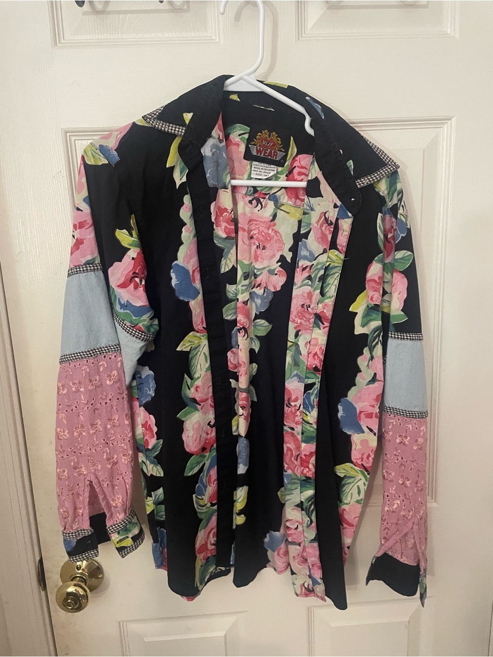 Floral Patchwork Button-Up Jacket in Black and Pink